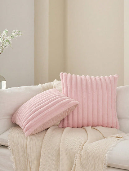 1/2pcs Solid Color Striped Faux Rabbit Fur Decorative Pillowcase, Reverse Side Dutch Velvet Fabric, Square Cushion Cover, Holiday Home Pillow Decor, Soft Comfortable Velvet Fabric, Modern Decorative S