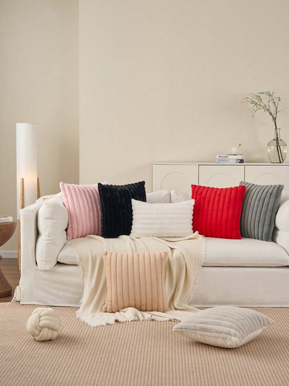 1/2pcs Solid Color Striped Faux Rabbit Fur Decorative Pillowcase, Reverse Side Dutch Velvet Fabric, Square Cushion Cover, Holiday Home Pillow Decor, Soft Comfortable Velvet Fabric, Modern Decorative S