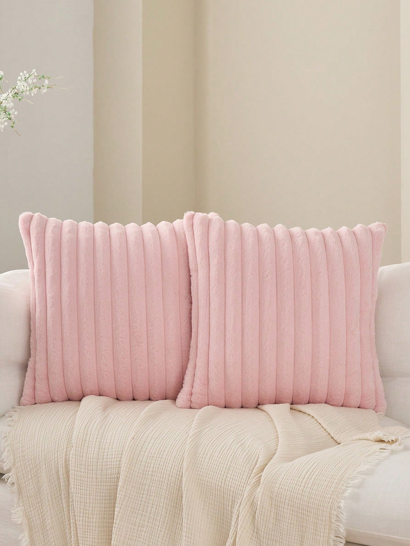 1/2pcs Solid Color Striped Faux Rabbit Fur Decorative Pillowcase, Reverse Side Dutch Velvet Fabric, Square Cushion Cover, Holiday Home Pillow Decor, Soft Comfortable Velvet Fabric, Modern Decorative S