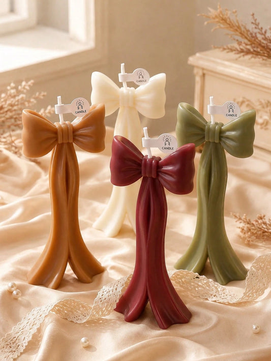 1/4pcs Handmade Autumn Bow Candle Decor Set, Cream White, Caramel Brown, Burgundy, Olive Green Sculptural Ribbon Candles, Suitable For Autumn Home Decor, Table Centerpiece, Thanksgiving Wedding Party