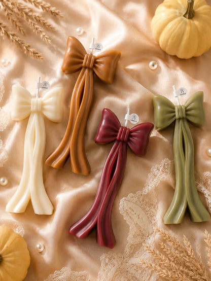 1/4pcs Handmade Autumn Bow Candle Decor Set, Cream White, Caramel Brown, Burgundy, Olive Green Sculptural Ribbon Candles, Suitable For Autumn Home Decor, Table Centerpiece, Thanksgiving Wedding Party