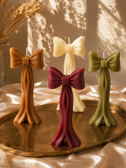 1/4pcs Handmade Autumn Bow Candle Decor Set, Cream White, Caramel Brown, Burgundy, Olive Green Sculptural Ribbon Candles, Suitable For Autumn Home Decor, Table Centerpiece, Thanksgiving Wedding Party