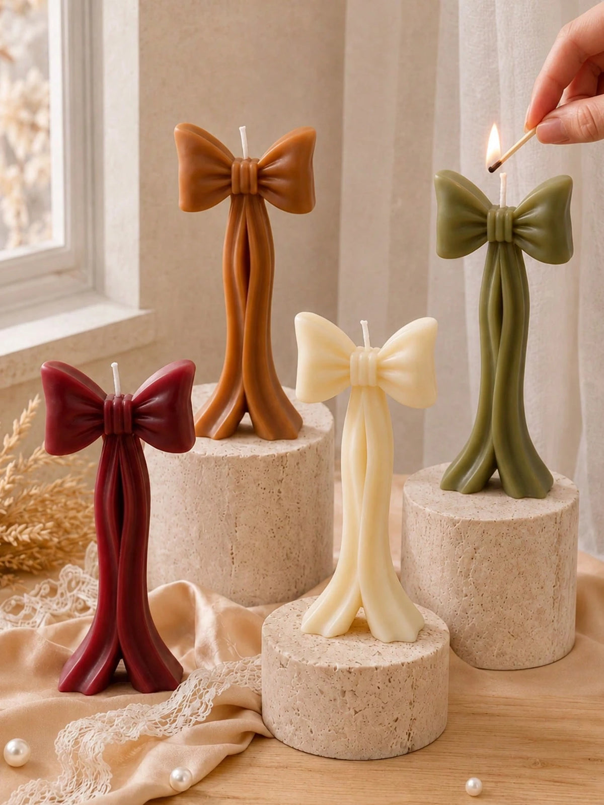 1/4pcs Handmade Autumn Bow Candle Decor Set, Cream White, Caramel Brown, Burgundy, Olive Green Sculptural Ribbon Candles, Suitable For Autumn Home Decor, Table Centerpiece, Thanksgiving Wedding Party