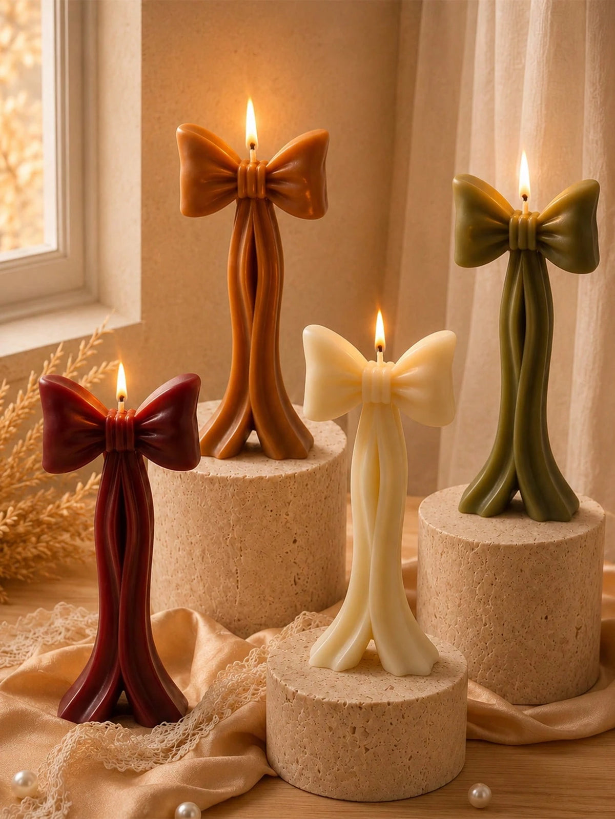 1/4pcs Handmade Autumn Bow Candle Decor Set, Cream White, Caramel Brown, Burgundy, Olive Green Sculptural Ribbon Candles, Suitable For Autumn Home Decor, Table Centerpiece, Thanksgiving Wedding Party