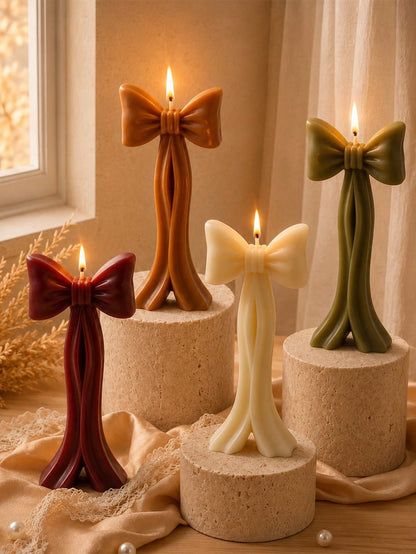 1/4pcs Handmade Autumn Bow Candle Decor Set, Cream White, Caramel Brown, Burgundy, Olive Green Sculptural Ribbon Candles, Suitable For Autumn Home Decor, Table Centerpiece, Thanksgiving Wedding Party