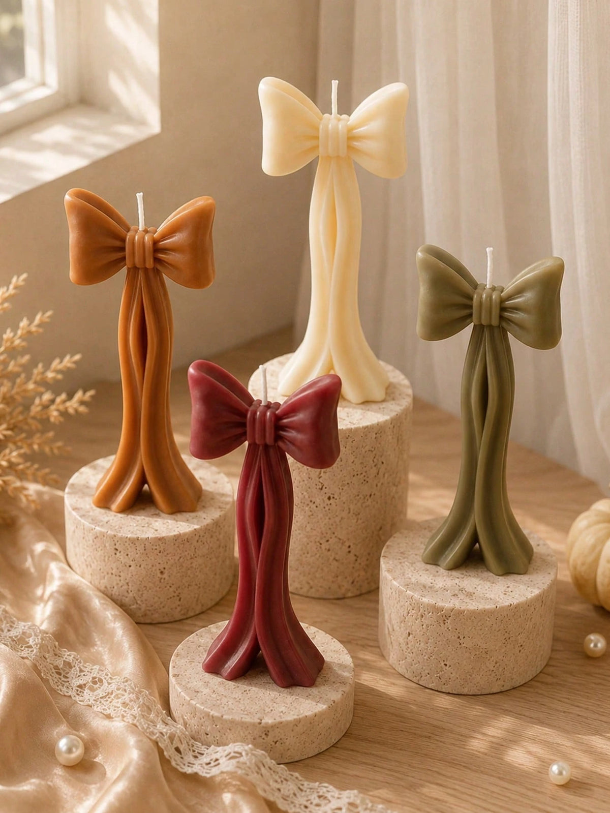 1/4pcs Handmade Autumn Bow Candle Decor Set, Cream White, Caramel Brown, Burgundy, Olive Green Sculptural Ribbon Candles, Suitable For Autumn Home Decor, Table Centerpiece, Thanksgiving Wedding Party