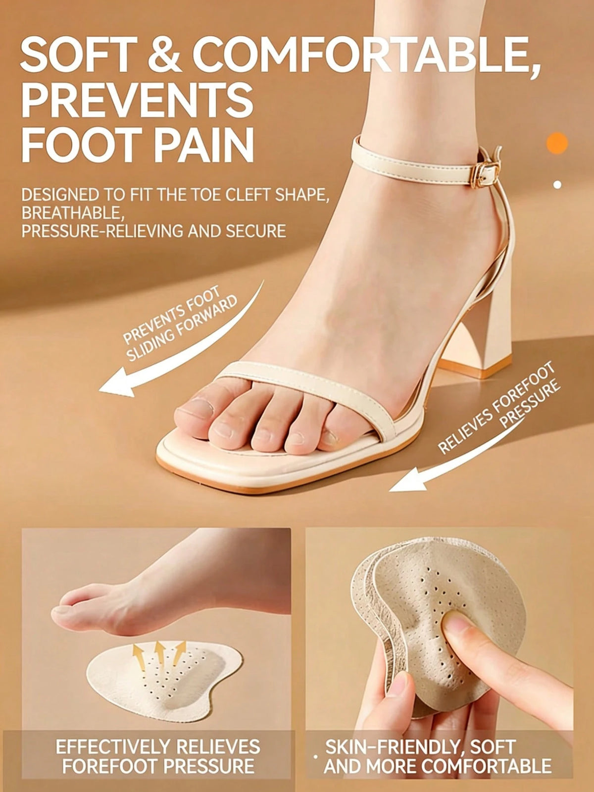 1-5 Pairs Soft Shock-Absorbing, Sweat-Absorbing, Anti-Slip Leather Forefoot Pads For High Heels, Suitable For Summer Sandals, Self-Adhesive Invisible Forefoot Pads