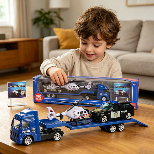1:64 Scale 4 Packs Police Transport Truck Toy Set, Alloy & Plastic Diecast Fire, Military & Police Car & Helicopter Models, Mini Friction-Powered Construction Tow Truck, Kids Vehicle Playset, Ideal Bi