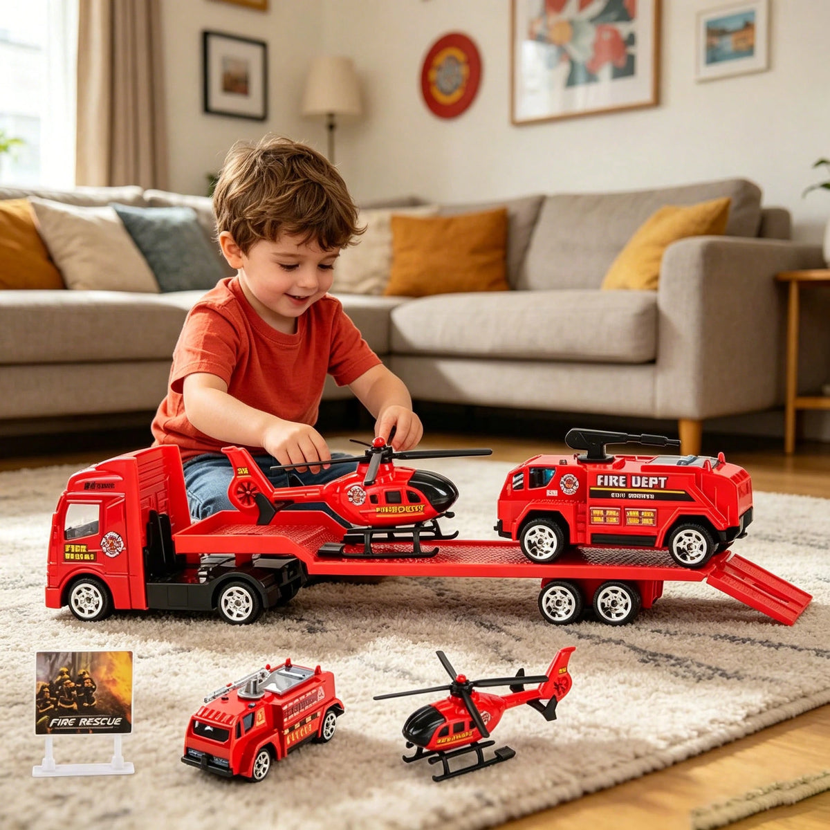 1:64 Scale 4 Packs Police Transport Truck Toy Set, Alloy & Plastic Diecast Fire, Military & Police Car & Helicopter Models, Mini Friction-Powered Construction Tow Truck, Kids Vehicle Playset, Ideal Bi