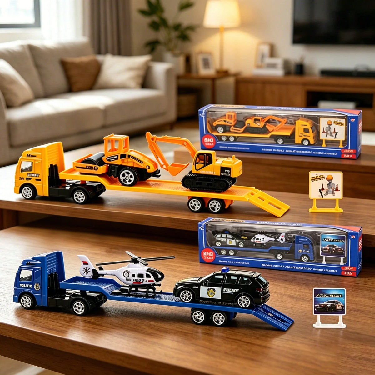 1:64 Scale 4 Packs Police Transport Truck Toy Set, Alloy & Plastic Diecast Fire, Military & Police Car & Helicopter Models, Mini Friction-Powered Construction Tow Truck, Kids Vehicle Playset, Ideal Bi