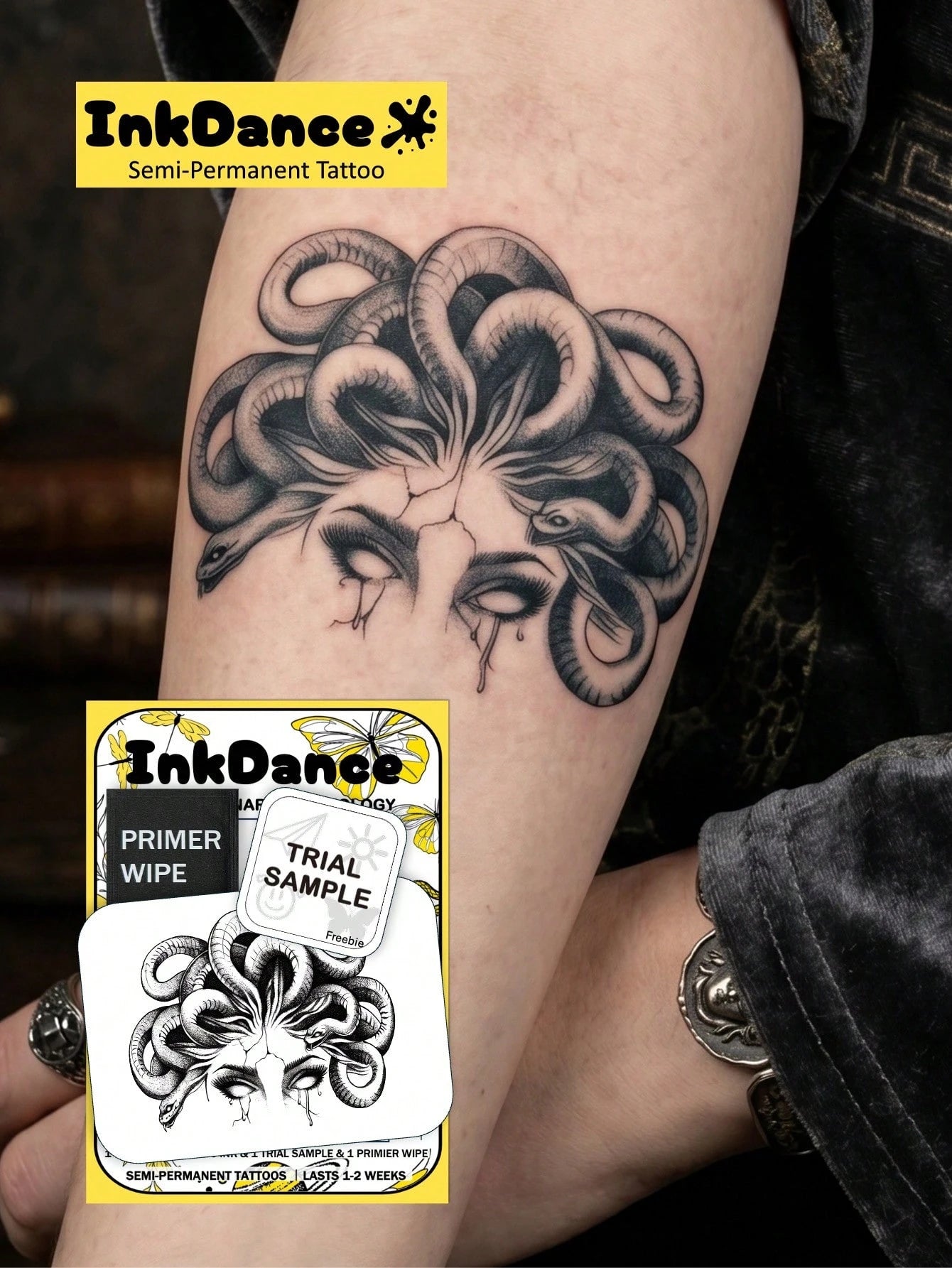 1 Kit "Medusa" New Technology Tattoo Sticker, Semi-Permanent, Dotwork, Dark, Illustrative, Gorgon, Snake, Temporary Tattoo, Fake Tattoo, Waterproof & Long-Lasting Realistic Design, Plant-Based Formula