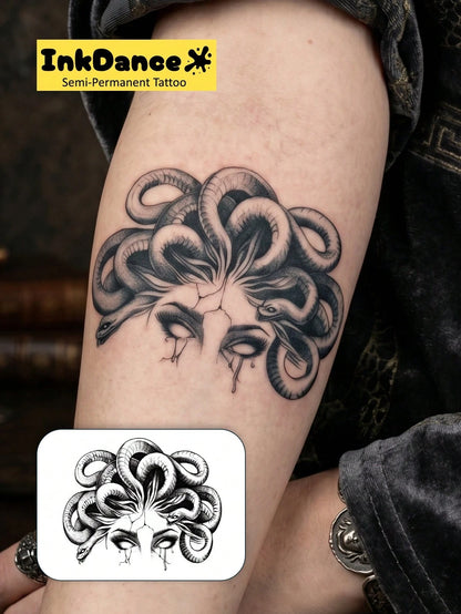 1 Kit "Medusa" New Technology Tattoo Sticker, Semi-Permanent, Dotwork, Dark, Illustrative, Gorgon, Snake, Temporary Tattoo, Fake Tattoo, Waterproof & Long-Lasting Realistic Design, Plant-Based Formula