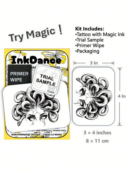 1 Kit "Medusa" New Technology Tattoo Sticker, Semi-Permanent, Dotwork, Dark, Illustrative, Gorgon, Snake, Temporary Tattoo, Fake Tattoo, Waterproof & Long-Lasting Realistic Design, Plant-Based Formula