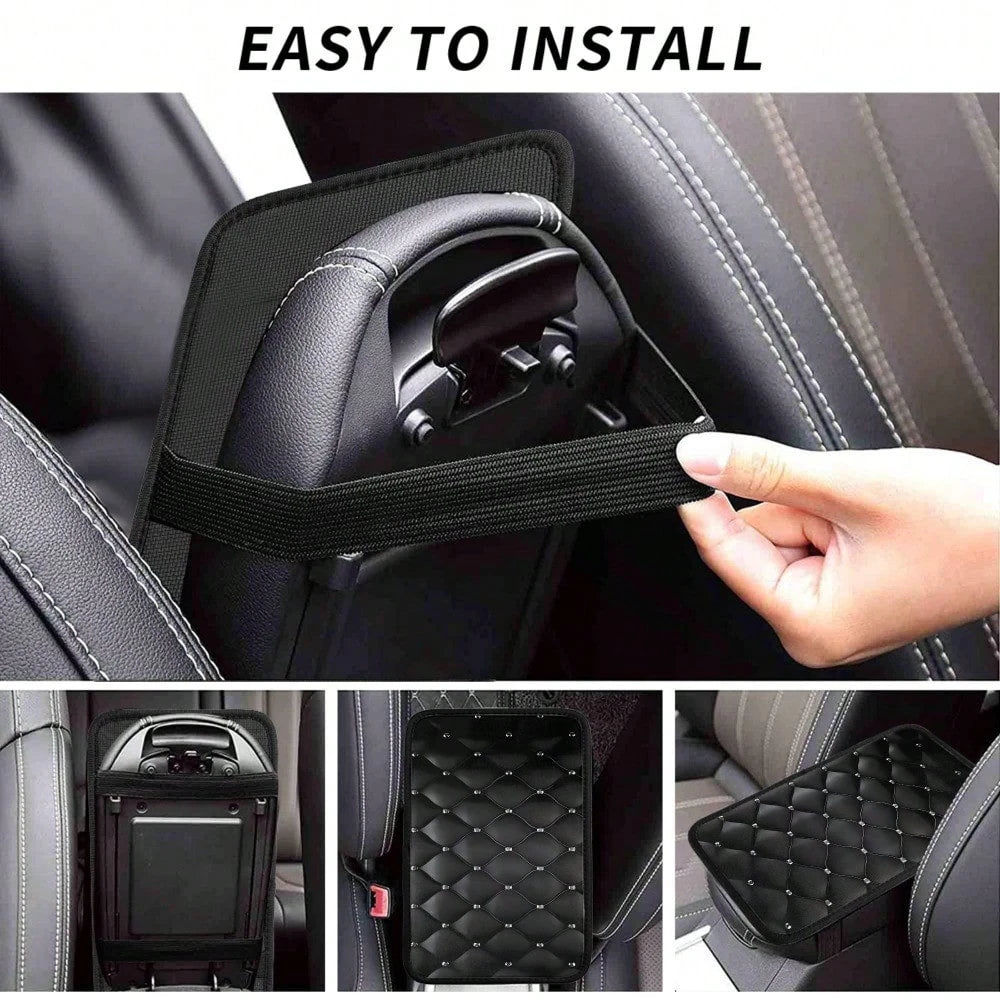 1-Pack Black Diamond Quilted Pattern Car Armrest Cushion| Non Slip Design, Scratch And Spill Proof, Universal Fit For Sedans, SUVs, Pickup Trucks, Stylish Interior Decor Protector, Durable Polyester