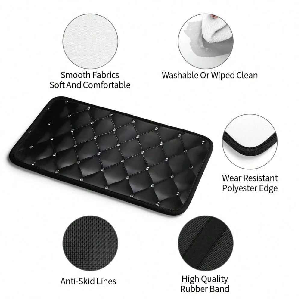 1-Pack Black Diamond Quilted Pattern Car Armrest Cushion| Non Slip Design, Scratch And Spill Proof, Universal Fit For Sedans, SUVs, Pickup Trucks, Stylish Interior Decor Protector, Durable Polyester