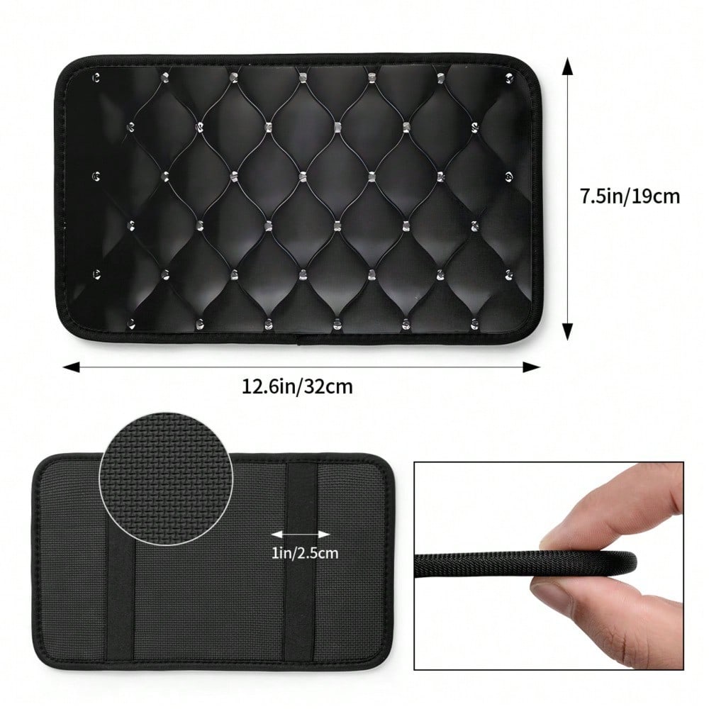 1-Pack Black Diamond Quilted Pattern Car Armrest Cushion| Non Slip Design, Scratch And Spill Proof, Universal Fit For Sedans, SUVs, Pickup Trucks, Stylish Interior Decor Protector, Durable Polyester