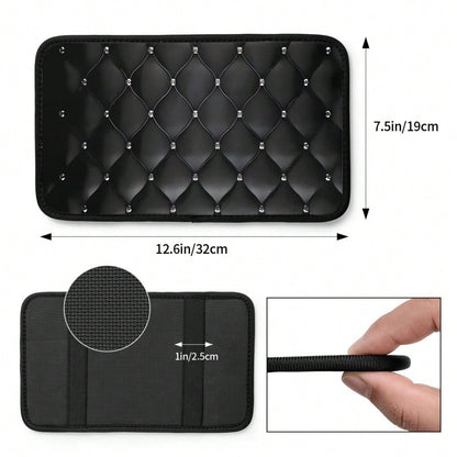 1-Pack Black Diamond Quilted Pattern Car Armrest Cushion| Non Slip Design, Scratch And Spill Proof, Universal Fit For Sedans, SUVs, Pickup Trucks, Stylish Interior Decor Protector, Durable Polyester