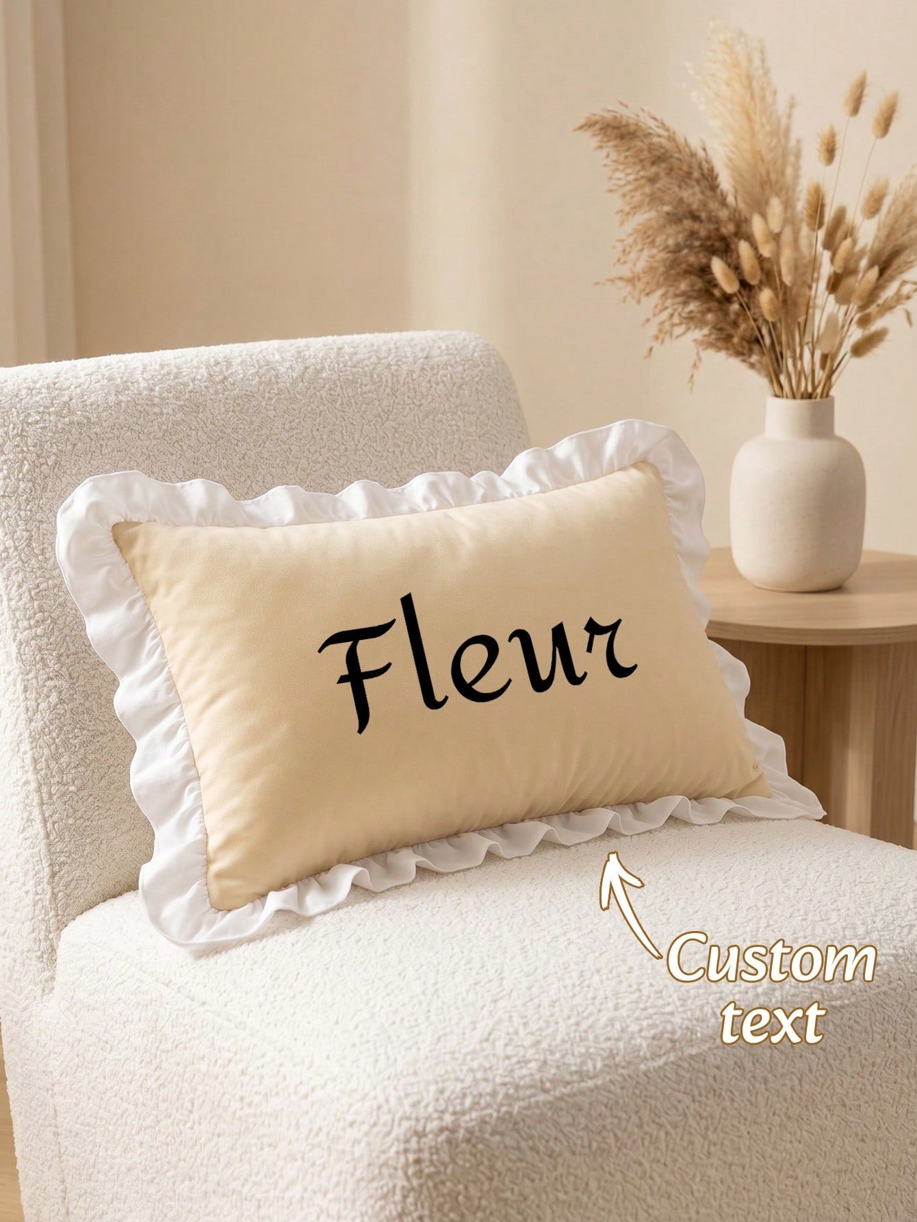 1 Pack Custom Heat Transfer Contrast White Ruffled Trim Lumbar Pillow Cover, Solid Color Oblong Decorative Cushion Case With Hidden Zipper, Removable Washable Cover For Sofa Couch Bed Living Room Bedr