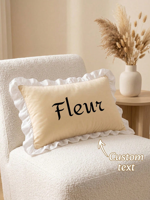 1 Pack Custom Heat Transfer Contrast White Ruffled Trim Lumbar Pillow Cover, Solid Color Oblong Decorative Cushion Case With Hidden Zipper, Removable Washable Cover For Sofa Couch Bed Living Room Bedr