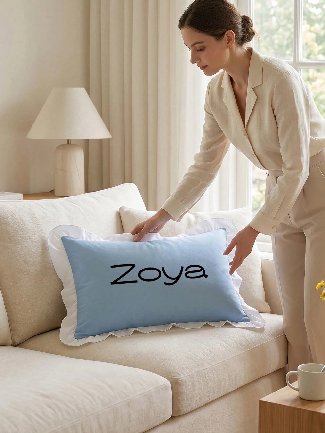 1 Pack Custom Heat Transfer Contrast White Ruffled Trim Lumbar Pillow Cover, Solid Color Oblong Decorative Cushion Case With Hidden Zipper, Removable Washable Cover For Sofa Couch Bed Living Room Bedr