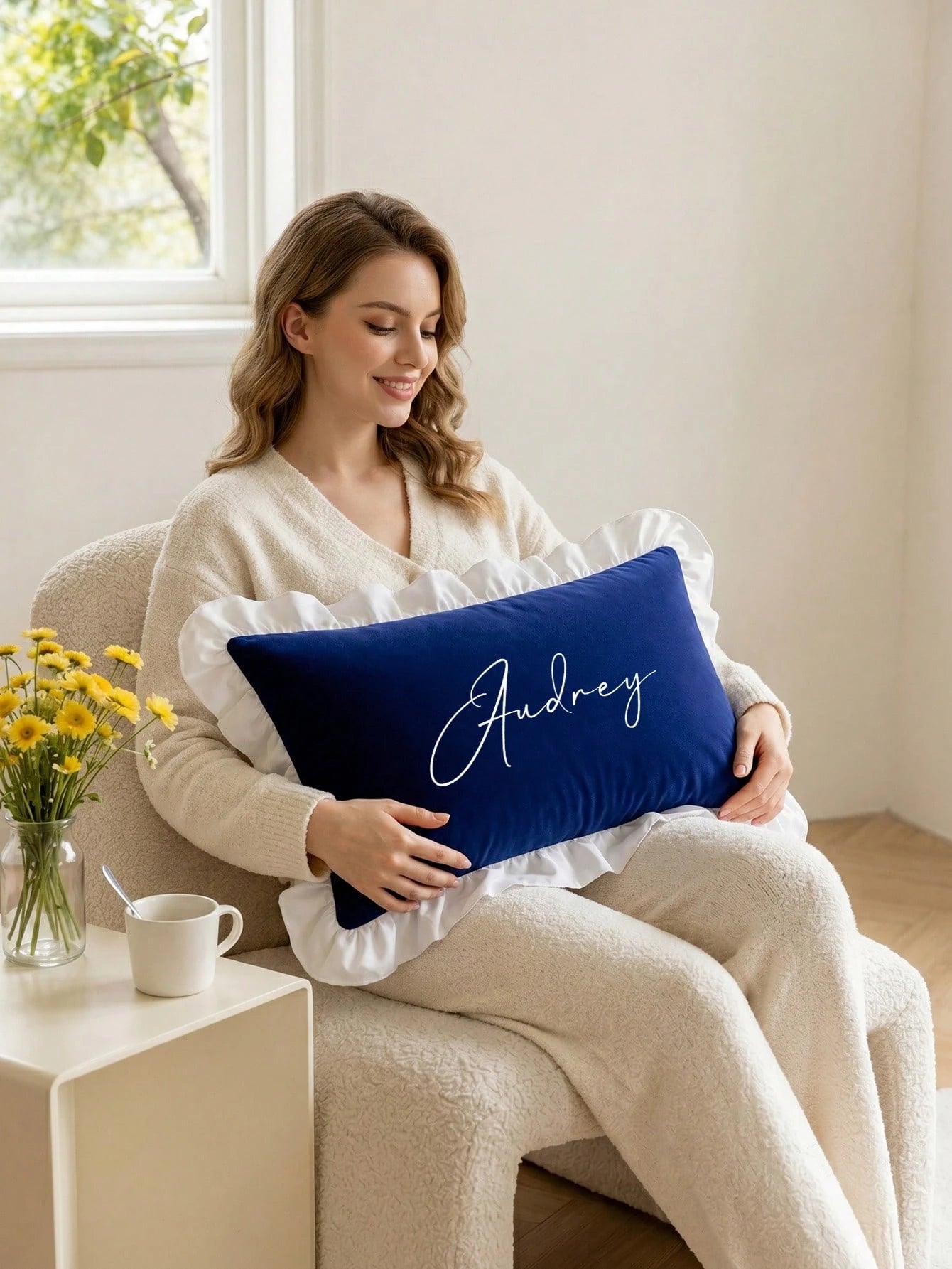 1 Pack Custom Heat Transfer Contrast White Ruffled Trim Lumbar Pillow Cover, Solid Color Oblong Decorative Cushion Case With Hidden Zipper, Removable Washable Cover For Sofa Couch Bed Living Room Bedr