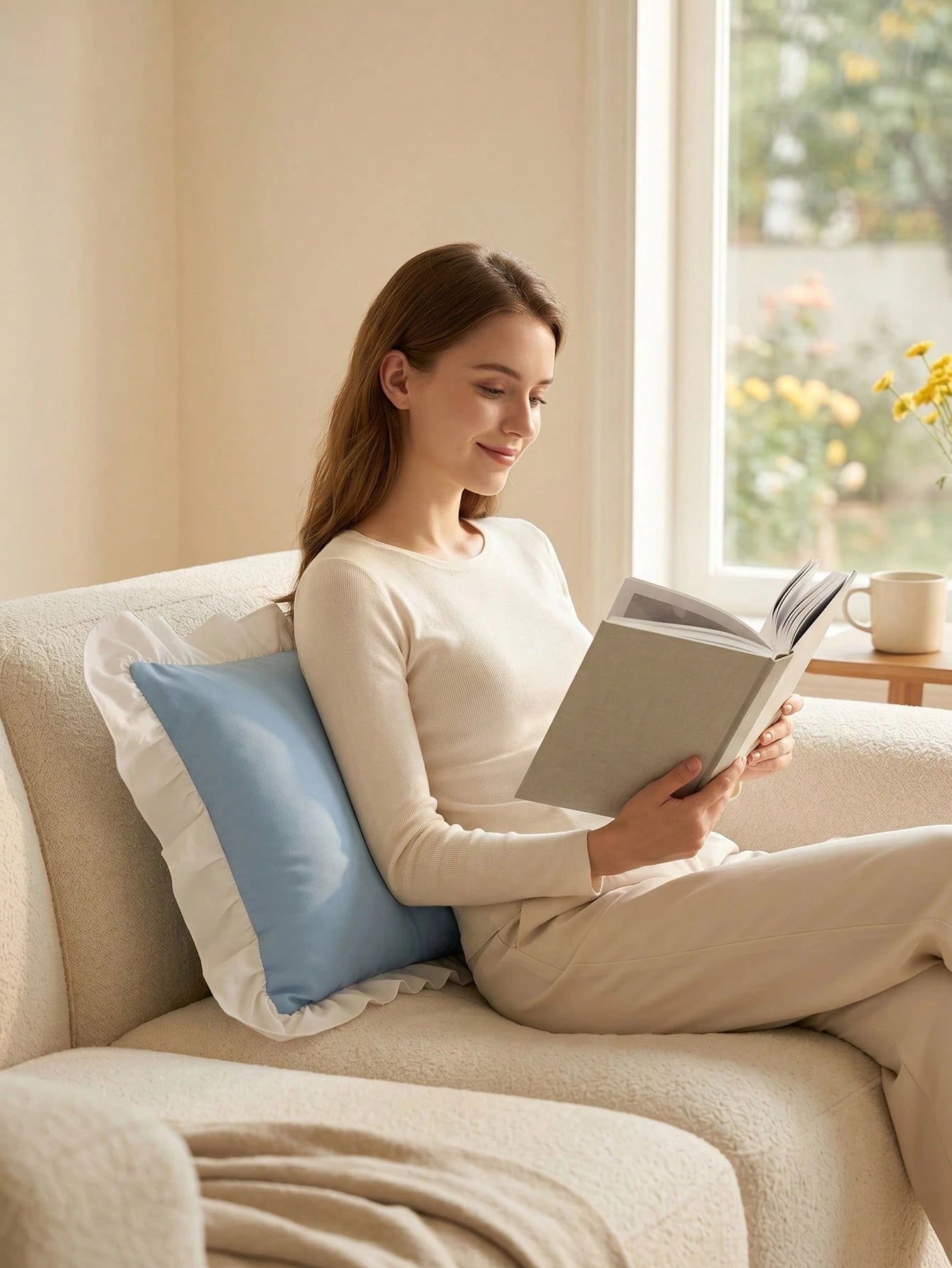 1 Pack Custom Heat Transfer Contrast White Ruffled Trim Lumbar Pillow Cover, Solid Color Oblong Decorative Cushion Case With Hidden Zipper, Removable Washable Cover For Sofa Couch Bed Living Room Bedr