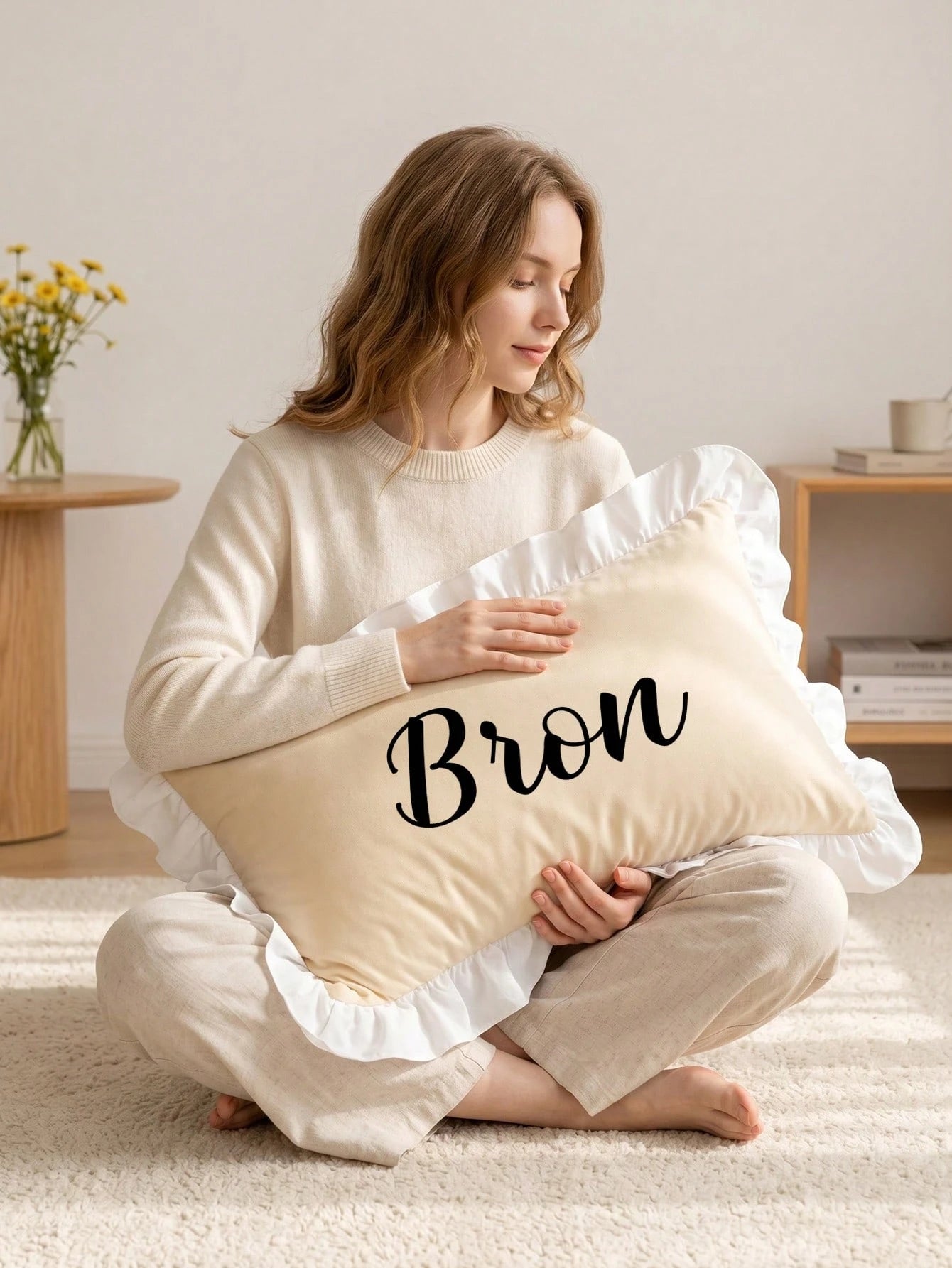 1 Pack Custom Heat Transfer Contrast White Ruffled Trim Lumbar Pillow Cover, Solid Color Oblong Decorative Cushion Case With Hidden Zipper, Removable Washable Cover For Sofa Couch Bed Living Room Bedr