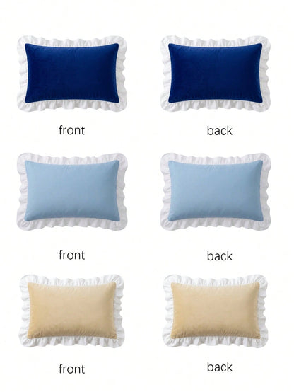 1 Pack Custom Heat Transfer Contrast White Ruffled Trim Lumbar Pillow Cover, Solid Color Oblong Decorative Cushion Case With Hidden Zipper, Removable Washable Cover For Sofa Couch Bed Living Room Bedr