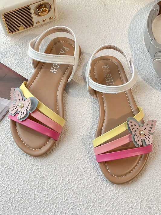 1 Pair 2026 New Girls' Sandals, Rainbow Striped Butterfly Decoration, Suitable For Summer Outings And Beach Play