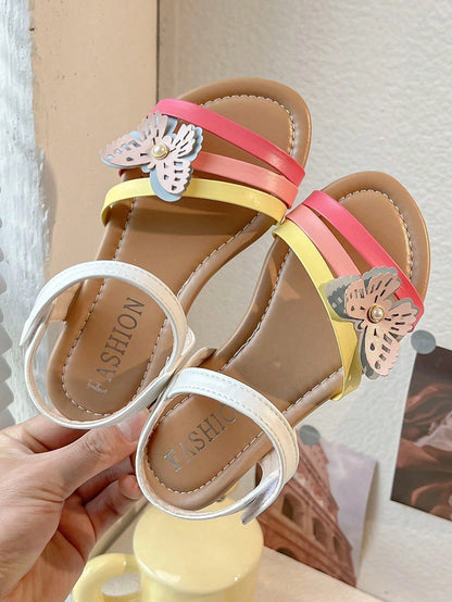 1 Pair 2026 New Girls' Sandals, Rainbow Striped Butterfly Decoration, Suitable For Summer Outings And Beach Play