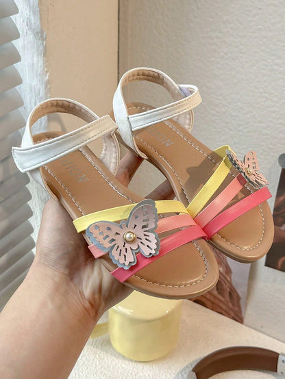 1 Pair 2026 New Girls' Sandals, Rainbow Striped Butterfly Decoration, Suitable For Summer Outings And Beach Play