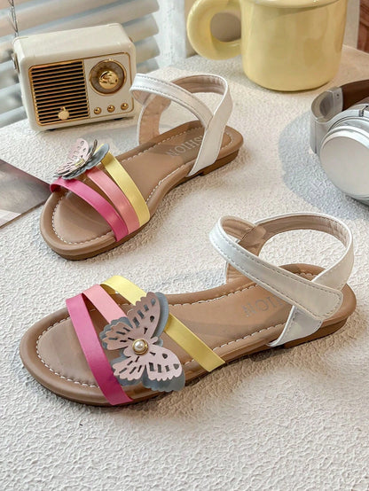 1 Pair 2026 New Girls' Sandals, Rainbow Striped Butterfly Decoration, Suitable For Summer Outings And Beach Play