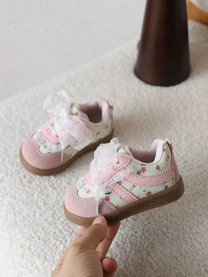 1 Pair Floral Lace Cute Baby Sneakers, Patchwork Soft Bottom Lightweight Casual Girls Shoes