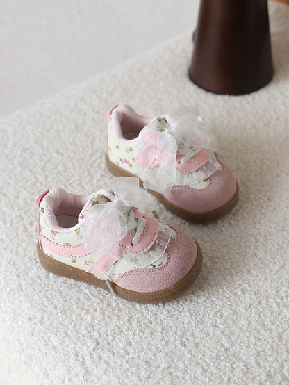 1 Pair Floral Lace Cute Baby Sneakers, Patchwork Soft Bottom Lightweight Casual Girls Shoes