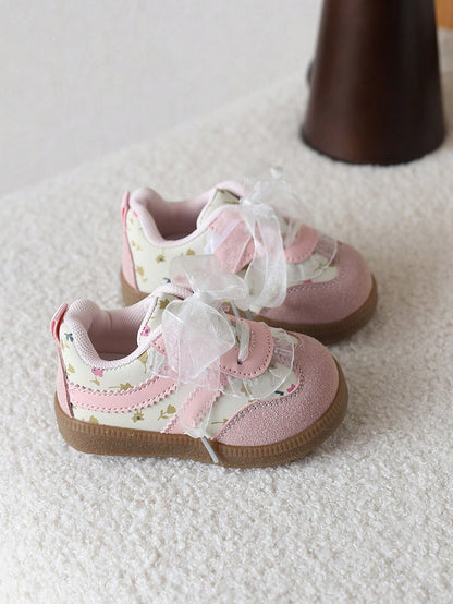 1 Pair Floral Lace Cute Baby Sneakers, Patchwork Soft Bottom Lightweight Casual Girls Shoes