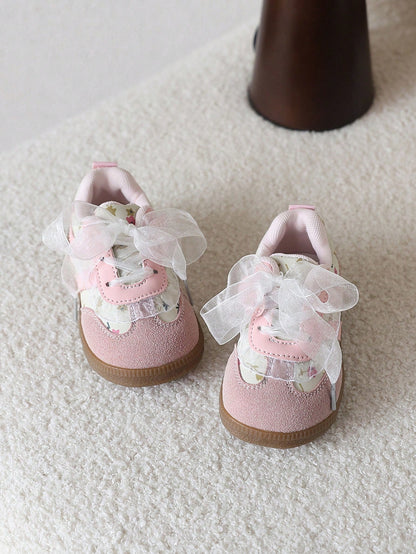 1 Pair Floral Lace Cute Baby Sneakers, Patchwork Soft Bottom Lightweight Casual Girls Shoes