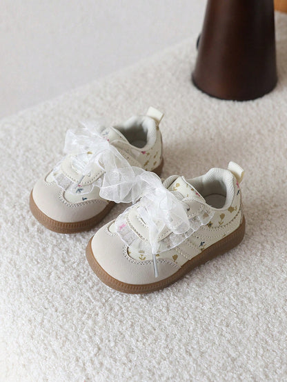 1 Pair Floral Lace Cute Baby Sneakers, Patchwork Soft Bottom Lightweight Casual Girls Shoes