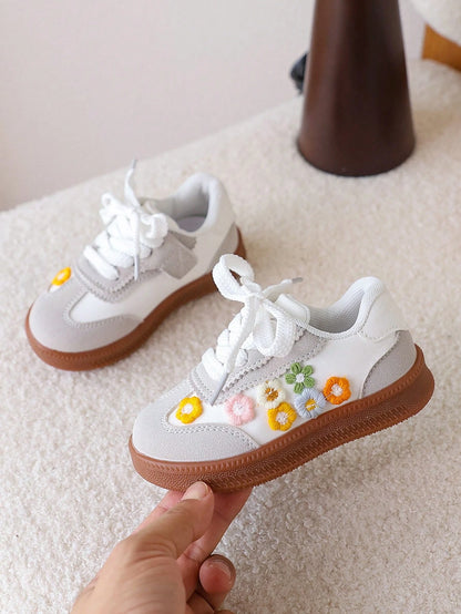 1 Pair Girls' Flower Decor Sports Shoes, Soft Sole Student Casual Shoes, Autumn