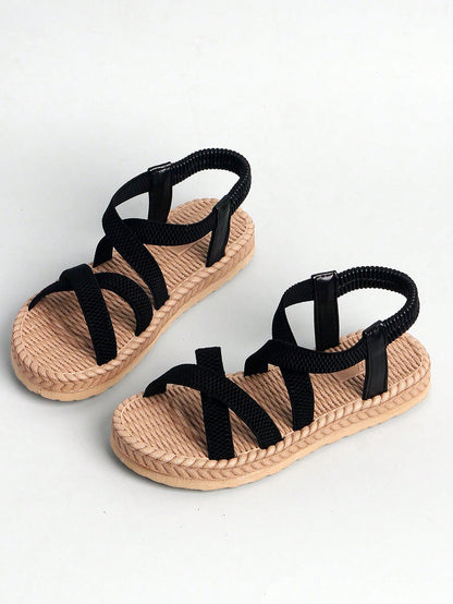 1 Pair Girls' New Black Flat Sandals, High-Elasticity Elastic Band Material, Bohemian Style Elastic Band Design, Slip-On, Double-Layer High-Elasticity Sole, Fashionable And Versatile, Suitable For 3-1