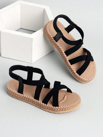 1 Pair Girls' New Black Flat Sandals, High-Elasticity Elastic Band Material, Bohemian Style Elastic Band Design, Slip-On, Double-Layer High-Elasticity Sole, Fashionable And Versatile, Suitable For 3-1