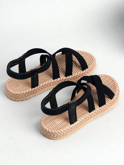 1 Pair Girls' New Black Flat Sandals, High-Elasticity Elastic Band Material, Bohemian Style Elastic Band Design, Slip-On, Double-Layer High-Elasticity Sole, Fashionable And Versatile, Suitable For 3-1