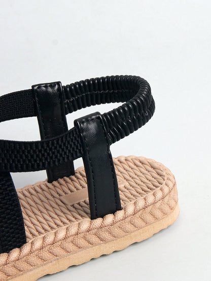 1 Pair Girls' New Black Flat Sandals, High-Elasticity Elastic Band Material, Bohemian Style Elastic Band Design, Slip-On, Double-Layer High-Elasticity Sole, Fashionable And Versatile, Suitable For 3-1
