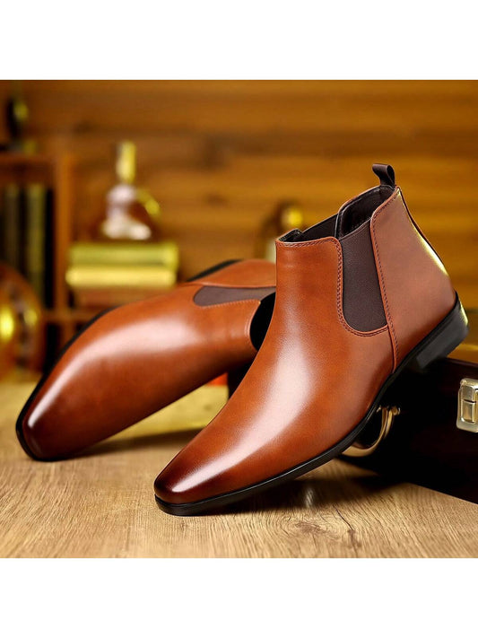 1 Pair Men's High-Top Round Toe Slip-On PU Upper Rubber Sole Low Heel Durable Casual Boots For Daily Wear