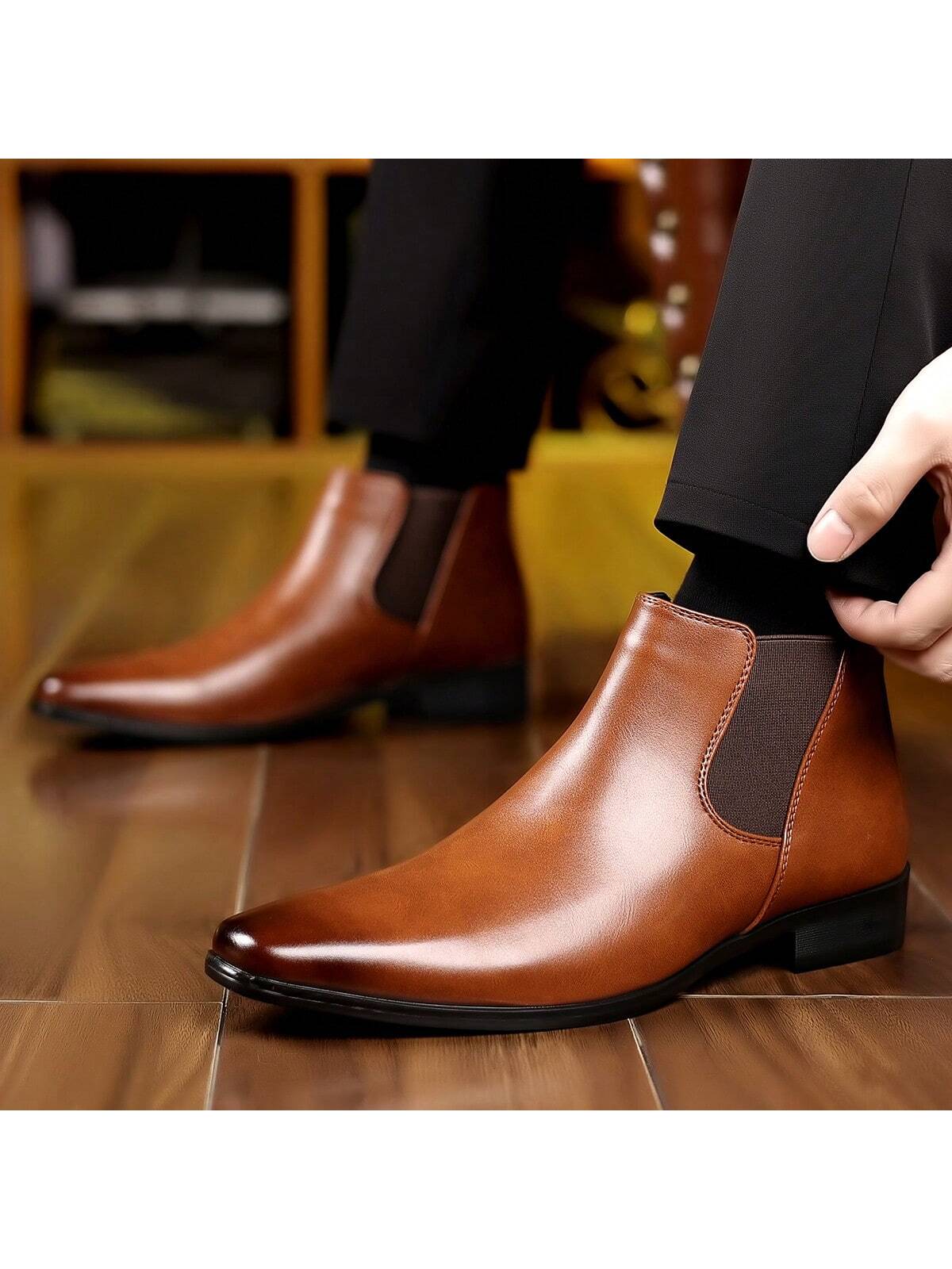 1 Pair Men's High-Top Round Toe Slip-On PU Upper Rubber Sole Low Heel Durable Casual Boots For Daily Wear