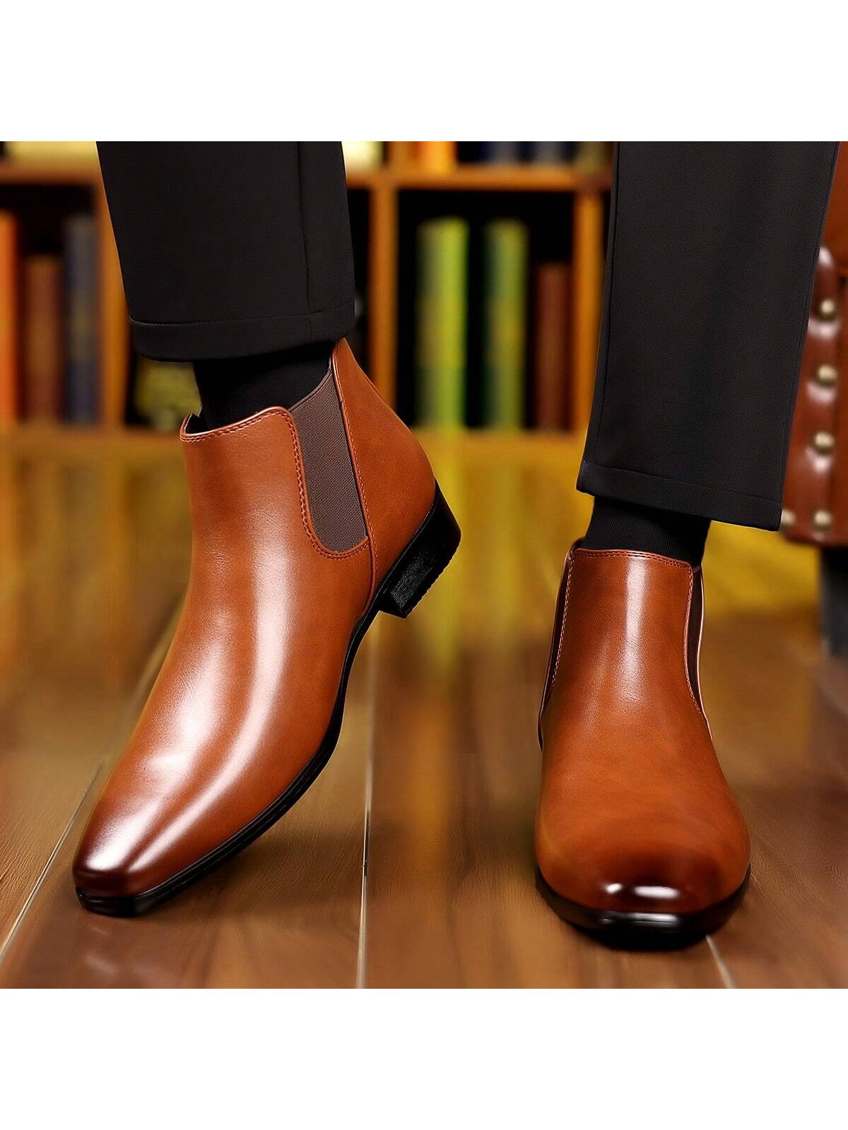 1 Pair Men's High-Top Round Toe Slip-On PU Upper Rubber Sole Low Heel Durable Casual Boots For Daily Wear
