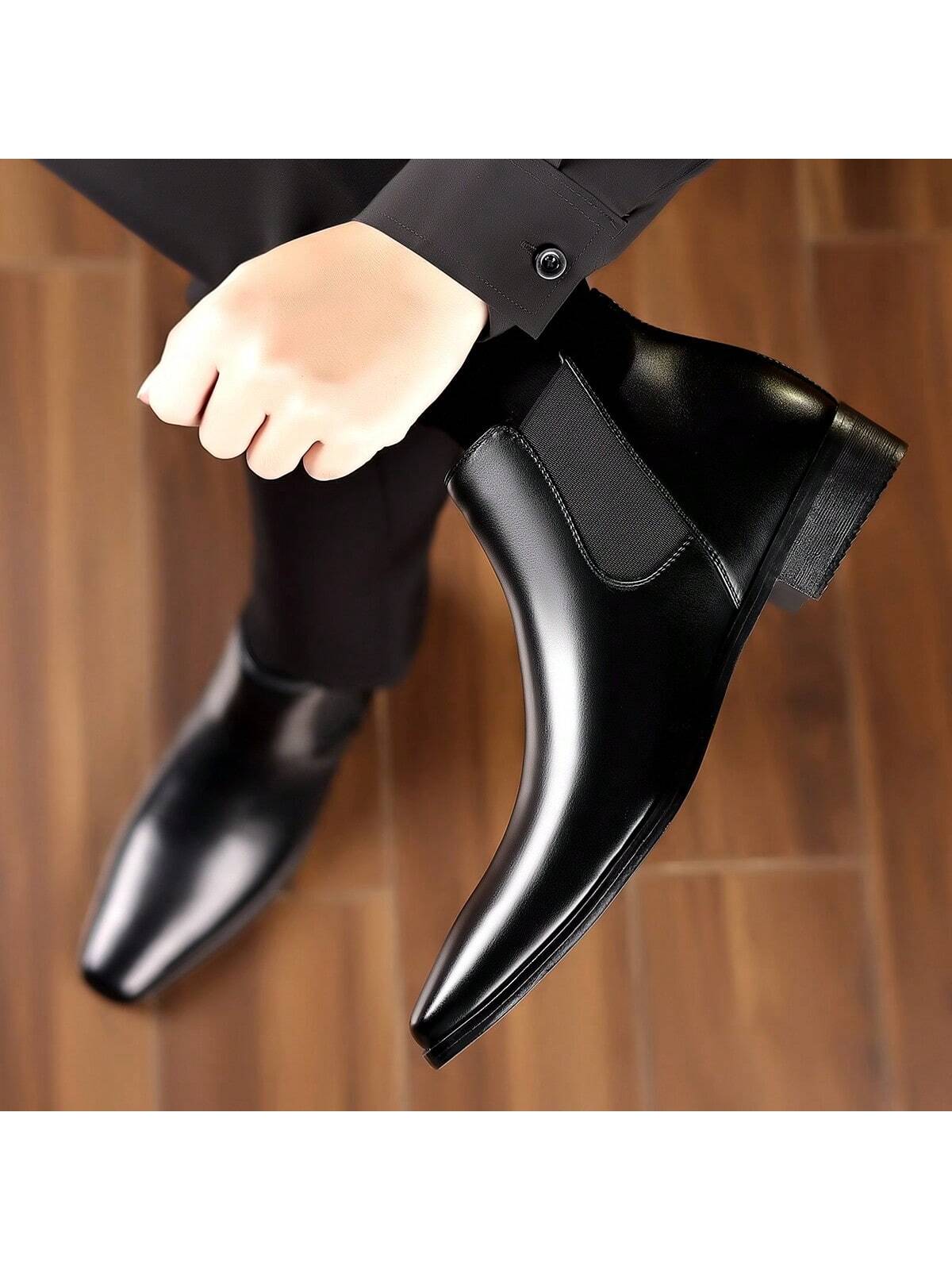 1 Pair Men's High-Top Round Toe Slip-On PU Upper Rubber Sole Low Heel Durable Casual Boots For Daily Wear