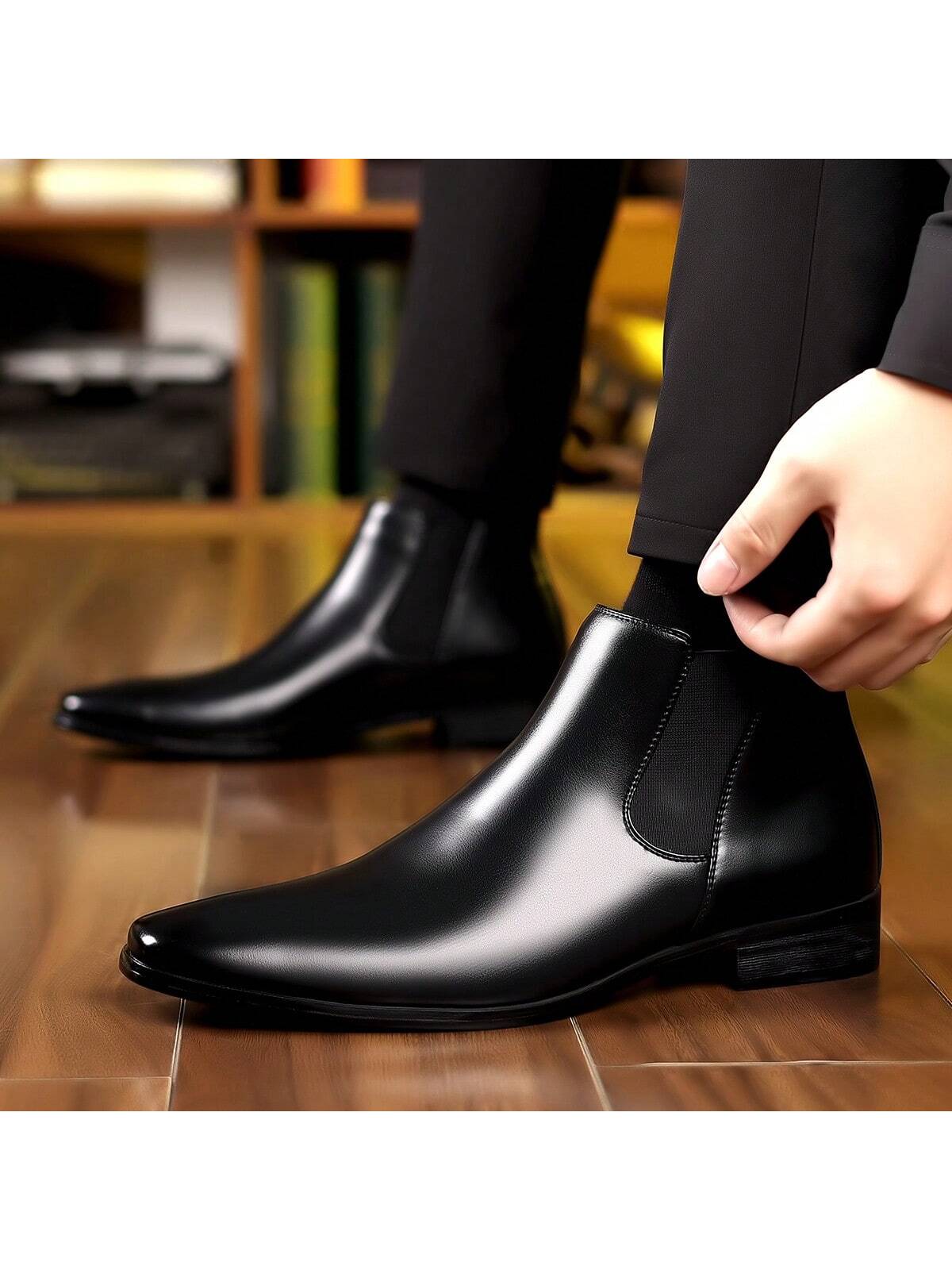 1 Pair Men's High-Top Round Toe Slip-On PU Upper Rubber Sole Low Heel Durable Casual Boots For Daily Wear