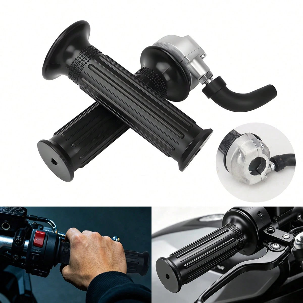 1 Pair Motorcycle Hand Grips Rubber Handles Aluminum Head Accelerator Throttle Anti-Slip Shockproof Motorcycle Handlebar Modification Accessories
