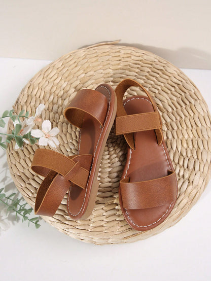 1 Pair Of Children's Elastic Strap Open Toe Flat Sandals, Light Casual Roman Sandals Suitable For 3-15 Years Old, Cute Fashion, New Spring And Summer