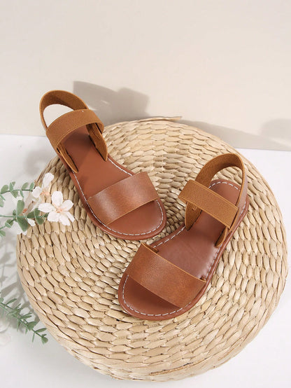 1 Pair Of Children's Elastic Strap Open Toe Flat Sandals, Light Casual Roman Sandals Suitable For 3-15 Years Old, Cute Fashion, New Spring And Summer